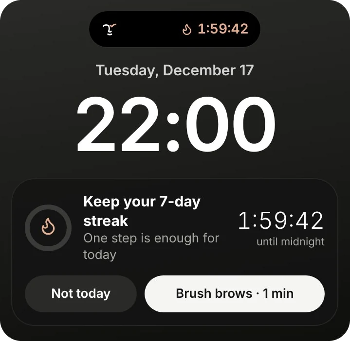 Lock screen at 22:00 with a countdown to midnight and a one-minute step